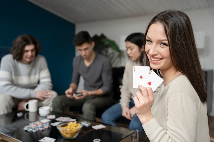 Meja permainan kartu kasino dengan pemain menikmati permainan live casino